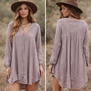 Free People Tunic Top / Mini Dress Sz M Mauve Boho Lace Embroidered Festival